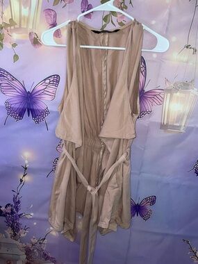 Light Taupe Sleeveless Draped Vest with Waist Tie